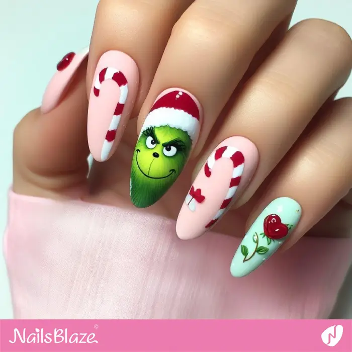 Pink and Green Grinch Nails with Candy Canes | Cartoon Nails - NB2021